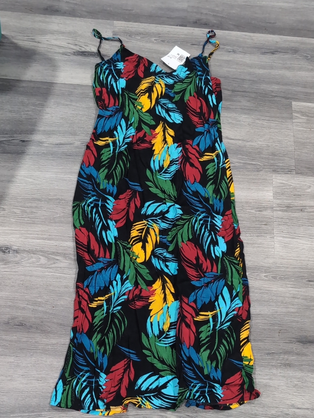 Forever 21 Black Maxi Dress with Red, Blue, Yellow & Green Leaf Print